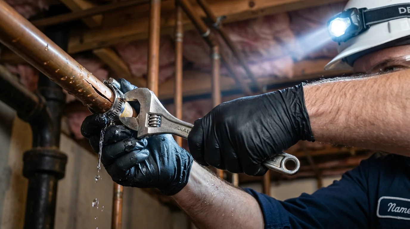 Emergency pipe clamp repair being performed by a Johns Plumbing LLC plumber in Scotts Valley